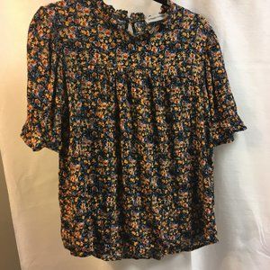 Citrus Lemon Navy/Yellow Floral Blouse Sz L